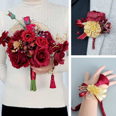 Bridal Bouquet Groom Boutonniere Wrist Corsage Artificial Satin Rose Gold Leaves Tassel Wedding Floral Retro Chinese Style
