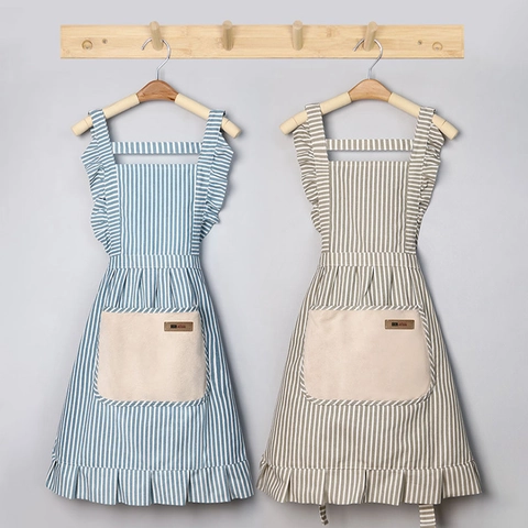 Kitchen Apron Cotton Linen TPU Waterproof Oilproof Hand Wiping Large Pocket Princess Lace Striped Adjustable Cooking