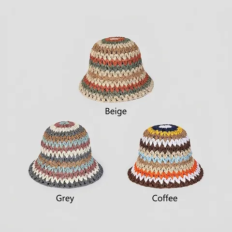 Cappello Da Pescatore In Paglia Di Carta Uncinetto Fatto A Mano Da Donna Righe Colorate Pieghevole Traspirante Protezione Solare