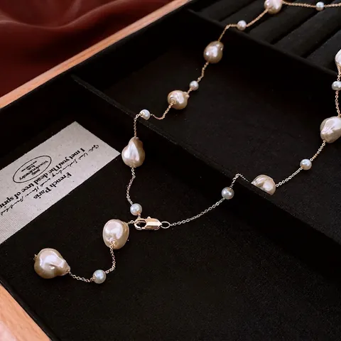 Baroque Irregular Artificial Pearl Necklace Gold Plated Copper Chain French Vintage Long Sweater Chain Fashion Jewelry For Women
