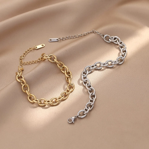 Minimalist Thick Cuban Link Bracelet Women Stainless Steel 14K Gold Plated Polished Adjustable Chain Jewelry