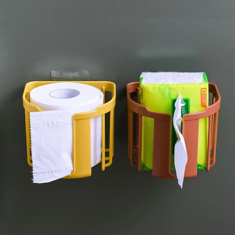 Wall Mounted Plastic Tissue Holder Storage Basket No Drilling Punch Free Hollow Rack For Bathroom Toilet Kitchen Roll Paper