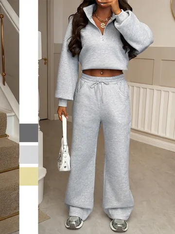 Women Casual Pullover Sweatshirt And Wide Leg Pants Half Zip Standing Collar Long Sleeve Drawstring Waist Sporty Polyester