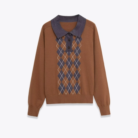 Polo De Punto Con Rombos Retro Vintage Manga Larga Cuello Vuelto Tapeta Con Botones Suéter Preppy Mujer