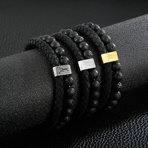 Men Double Layer Bracelet Lava Rock Beads Woven Leather Stainless Steel Magnetic Clasp Vintage Ethnic Style Accessory