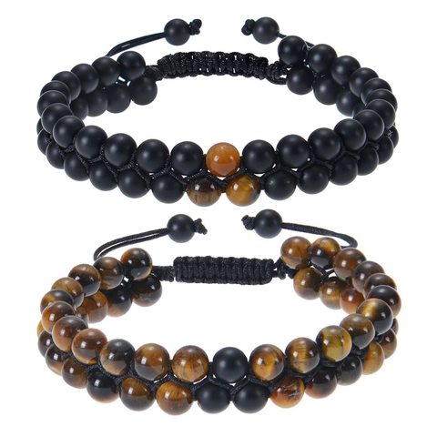 Lagen Handgewebtes Armband Natürliches Tigerauge Und Matte Steinperlen Verstellbares Seil Unisex Schmuck Retro Stil