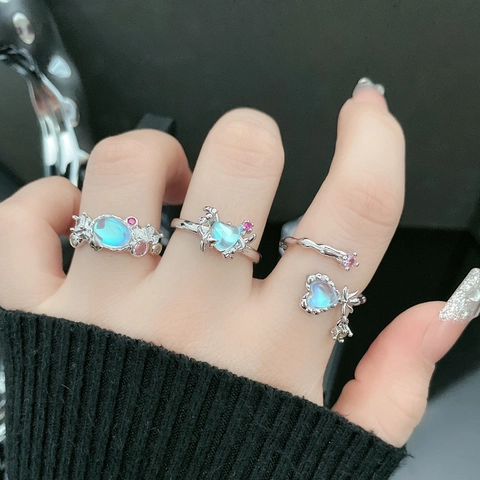 Trendiger Kupfer Herz Schleife Offener Ring Für Damen Süß Cool Verstellbar Strass Mondstein Effekt Finger Schmuck