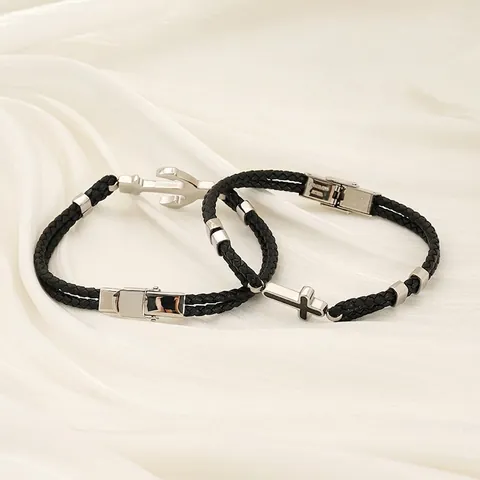 Bracciale In Pelle Intrecciata Con Ciondolo A Croce E Ancora In Acciaio Inossidabile Per Uomo Gioielli Stile Nautico Retro