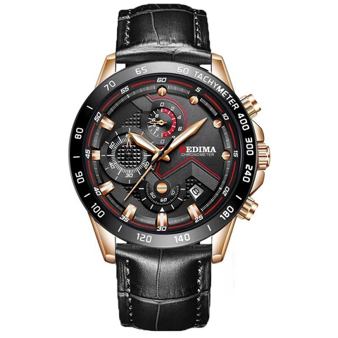 DEDIMA Herren Sport Quarz Uhr Edelstahl Gehäuse Echtes Leder Armband Chronograph Leuchtend Wasserdicht Kalender Geschäft Armbanduhr