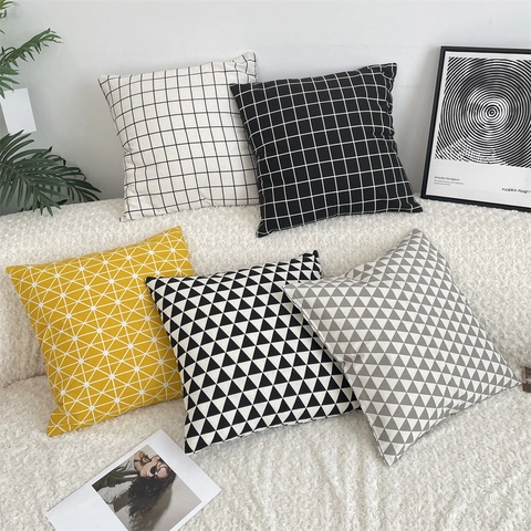Scandinavische Minimalistische Kussenhoes Katoen Linnen Geometrisch Raster Driehoek Patroon Decoratieve Kussensloop Bank Kantoor Huis