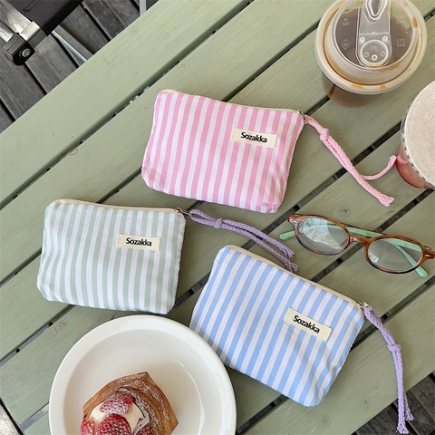 Striped Canvas Mini Cosmetic Bag Portable Coin Purse Zipper Storage Pouch Small Makeup Organizer For Women Girls