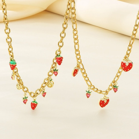 Aardbei Fruit Hanger Ketting Roestvrij Staal Verguld Rood Emaille Sieraden Voor Dames Zoete Mode