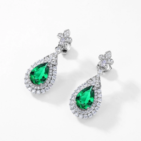 Vintage 925 Sterling Silver Lab-grown Emerald Drop Earrings For Women Elegant Pear Cut Zirconia Inlaid Luxury Jewelry