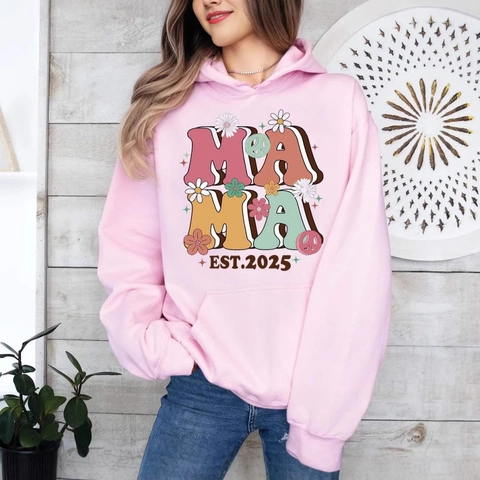 Felpa Con Cappuccio Mama Est 2025 Coquette Stampa Floreale Vintage Poliestere Pullover Tasca A Marsupio Regalo Festa Della Mamma
