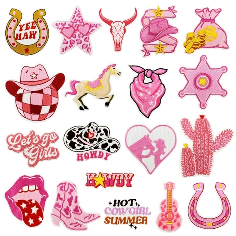 Pink Western Cowgirl Ricamate Toppe Cartone Animato Cuore Stella Cactus Ferro di Cavallo Palla da Disco Stirare su Fai da Te Abbigliamento Decorazione Accessori