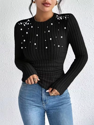 Women's Artificial Pearl Beaded Ribbed Knit Top Long Sleeve Round Neck Slim Fit Solid Black Elegant Base Shirt Sweater