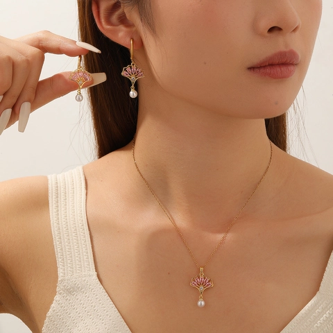 Collana E Orecchini Con Pendente A Foglia Di Ginkgo Acciaio Inossidabile Rame Zircone Intarsiato Perla Artificial Gioielli Eleganti Per Donna