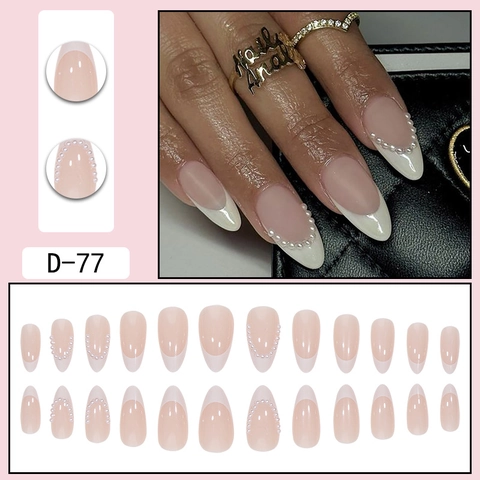 Almond Shape French Tip Press On Nails With Artificial Pearl Decor Elegant Artificial Fingernails Nude Pink