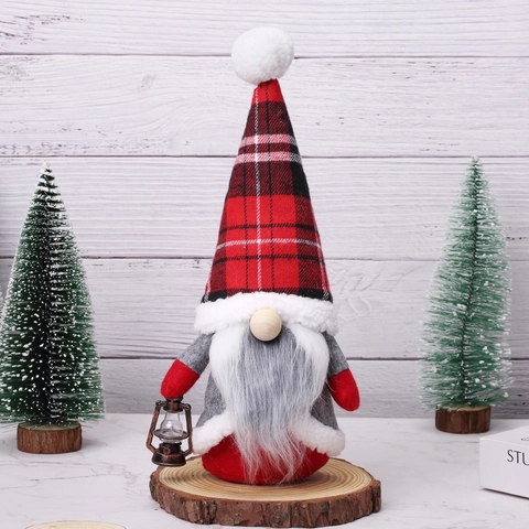 Christmas Gnome Plush Doll Handmade Swedish Tomte With Lantern Plaid Hat Ornament For Holiday Tabletop Home Decor