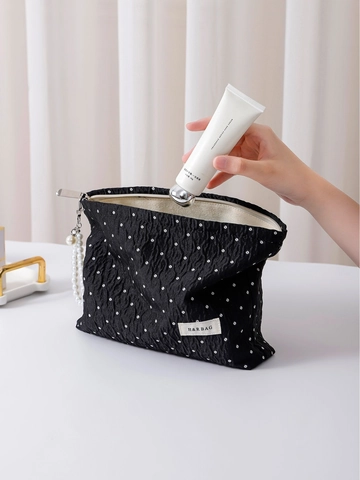 Polka Dot Kosmetiktasche Plissiert Jacquard Stoff Mit Künstliche Perlengriff Tragbare Make-up Organizer Reisen Elegant Damen