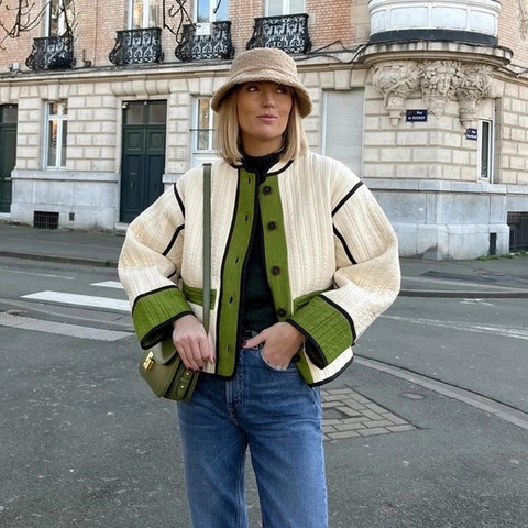 Damen Steppjacke Kontrastfarben Leichte Wattierte Jacke Retro Knöpfe Lässige Oberbekleidung Kurz Streetwear