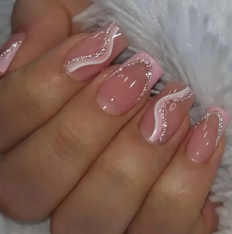 French Style Press On Nails Pink Nude White Art Lines Silver Glitter ABS Artificial False Fake Fingernails Manicure Tools
