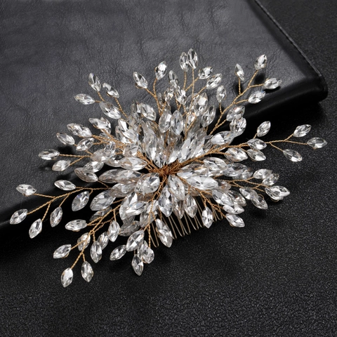 Pettine Capelli Sposa Cristallo Strass Foglia Fatto A Mano Matrimonio Copricapo Elegante Filo Lega Perla Artificial Accessori Donna