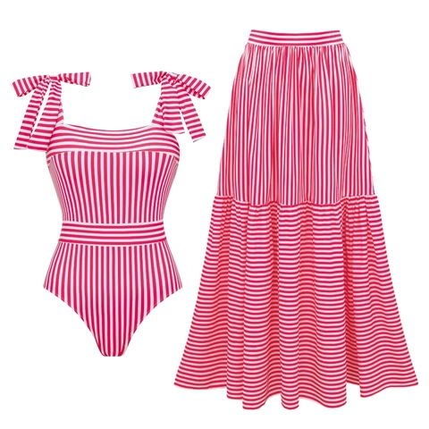 Striped Swimsuit With Bow Tie Straps And Tiered Skirt Women Beach Vacation Quick Dry High Elasticity Swimwear