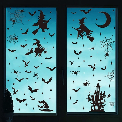 Halloween Wall Stickers Witch Bats Castle Black Silhouette PVC Removable Window Decals Home Holiday Party Decorations