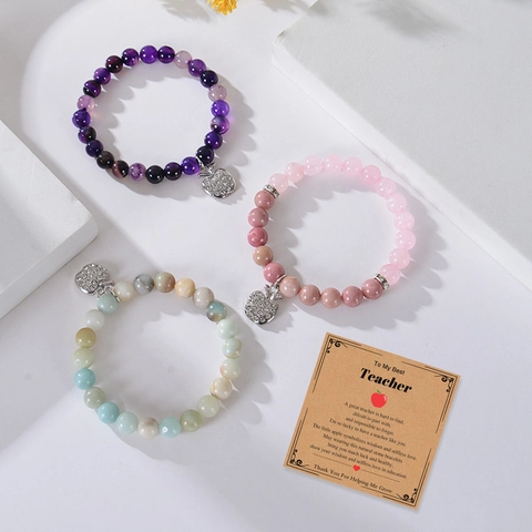 Natural Stone Beaded Bracelet With Alloy Rhinestone Apple Pendant Teacher Appreciation Jewelry Gift