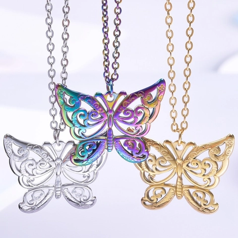 Collar Con Colgante De Mariposa Hueca De Acero Inoxidable Para Mujer Chapado En Oro Plata Arco Iris Joyería Minimalista Regalo