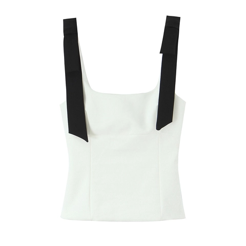 Women Polyester Tank Top Bow Tie Straps Square Neck Slim Fit Solid Color Casual Summer Camisole
