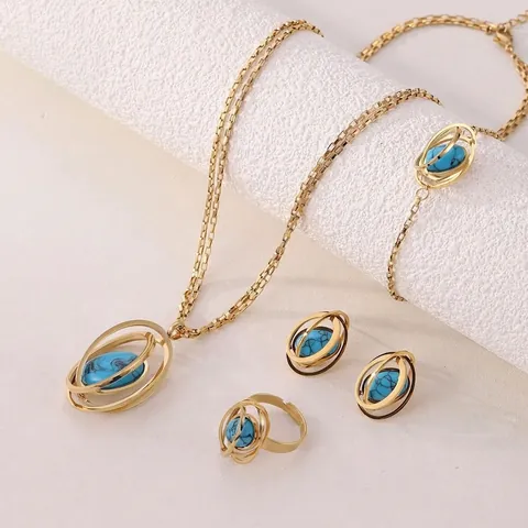 Collana Bracciale Orecchini Anello Gioielli In Acciaio Inossidabile Placcato Oro Per Donna Finta Turchese Perla Artificial Boho Vintage