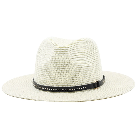 Fedora Straw Hat With Rivet Belt Wide Brim Sun Protection Summer Beach Outdoor British Style For Men Women