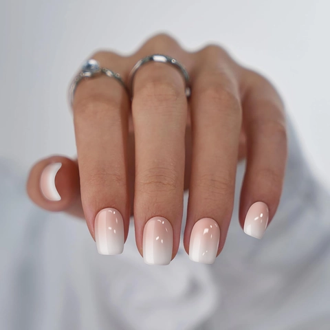 French Gradient Press On Nails Pink White Ombre Short Square Oval Glossy Artificial Fake Nails For Women Manicure