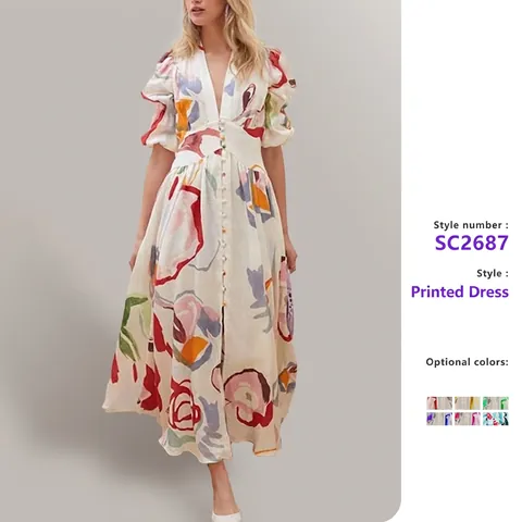 V Neck Abstract Floral Print Maxi Dress Polyester Puff Sleeve Button Down High Waist Bohemian Beach Vacation For Women