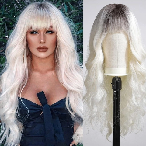 Long Wavy Wig For Women With Neat Bangs Synthetic Heat Resistant Fiber Natural Looking Full Machine Made Hairpiece
