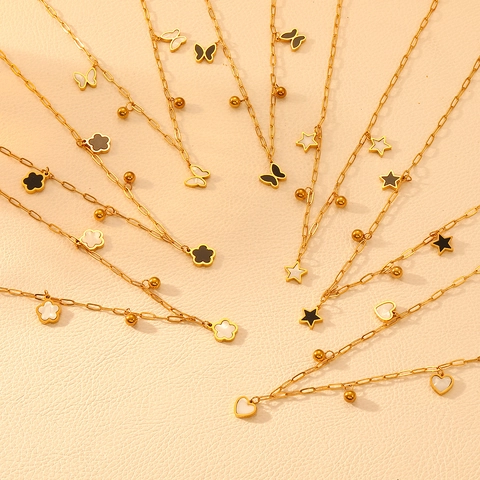 Collar Con Colgante De Acero Inoxidable Bañado En Oro Mariposa Corazón Estrella Flor Incrustación De Concha Joyería