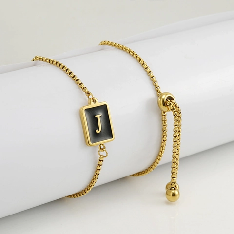 Stainless Steel Initial Bracelet 18K Gold Plated Square Black Enamel Pendant Adjustable Box Chain Minimalist Jewelry