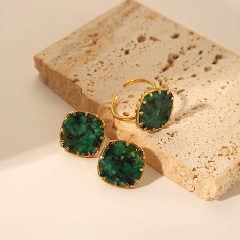 Edelstahl Schmuck Türkis Quadratische Ohrringe Und Verstellbarer Ring PVD Vergoldet Vintage Elegant Damen
