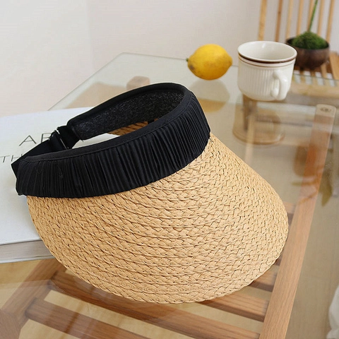 Cappello Visiera Paglia Donna Estate Tesa Larga Pieghettato Vuoto Top Regolabile Spiaggia Cappello Protezione Solare