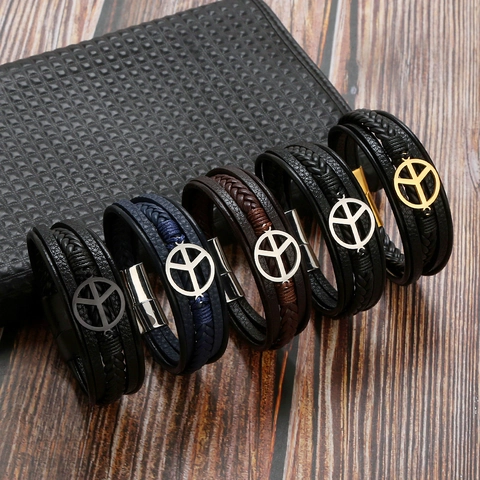 Bracciale In Pelle Intrecciata Da Uomo Acciaio Inossidabile Metallo Segno Della Pace Fascino Multistrato Chiusura Magnetica Punk Vintage