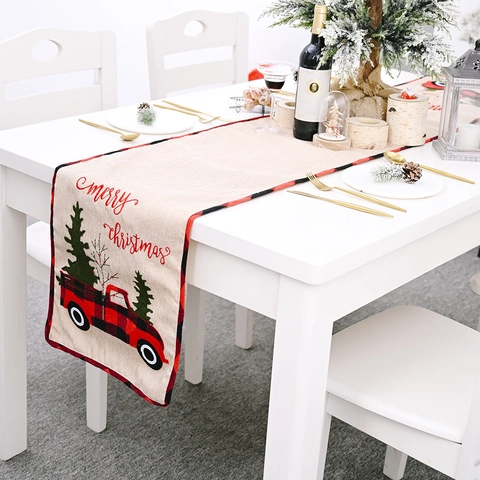 Christmas Table Runner Linen Like Fabric Red Truck Plaid Tree Print Merry Christmas For Home Dining Table Decoration