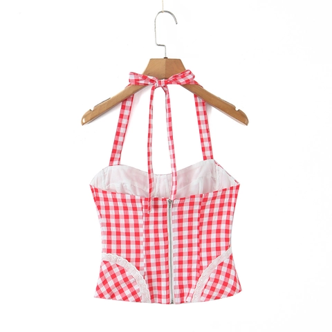 Women Halter Neck Tank Top Polyester Lace Trim Gingham Heart Pattern Slim Fit Cropped Back Zipper Sweet French Style
