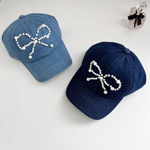Women Washed Denim Baseball Cap With Artificial Pearl Bowknot Adjustable Cotton Sun Hat Sweet Casual Stylish Headwear
