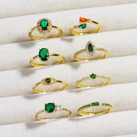 Adjustable Open Rings 18K Gold Plated Copper Green White Zircon Micro Inlaid Minimalist Fashion Jewelry For Women