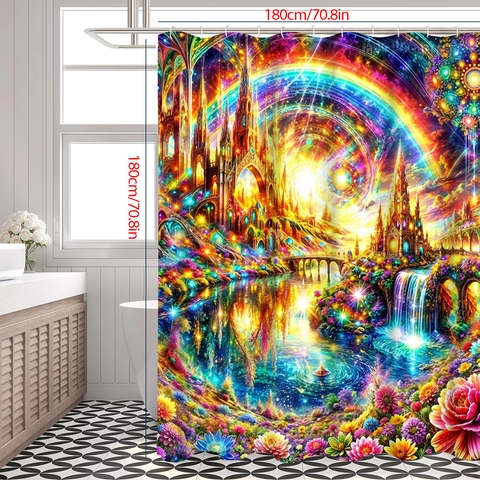 Shower Curtain Waterproof Polyester Fabric Fantasy Dreamy Castle Waterfall Rainbow Galaxy Landscape Bathroom Decor Hooks