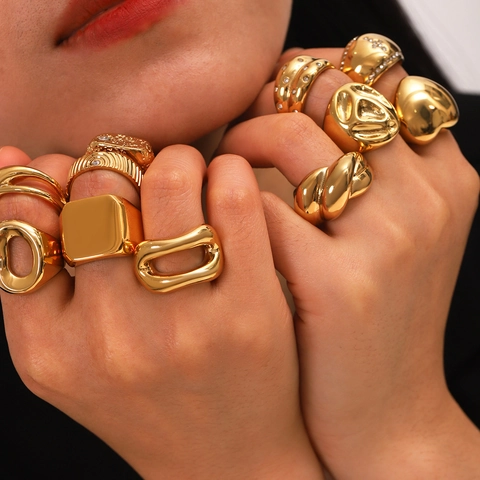 Geometric Chunky Stainless Steel Rings For Women Gold Polished Croissant Heart Square Hollow Irregular Modern Jewelry
