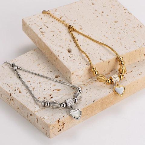 Pulsera De Cadena De Serpiente Con Colgante De Corazón Acero Inoxidable 304 Strass Inserto De Concha Joyería Para Mujer