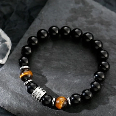 Kralenarmband Natuurlijke Tijgeroog En Obsidiaan Steen Roestvrij Staal Elastisch Verstelbaar Vintage Sieraden Man